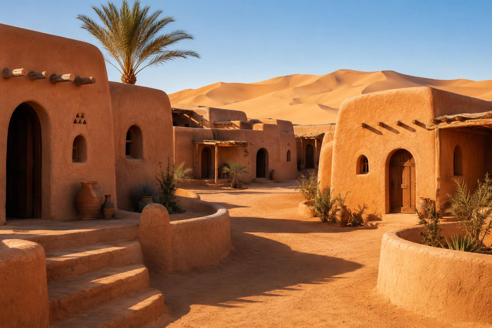 A cluster of hand-built earthen adobe bungalows in the Sahara, smooth rounded mud-brick walls in warm terracotta tones, small arched doorways and windows, palm-wood beams, set against soft sand dunes under a clear blue sky, soft morning light casting long shadows.