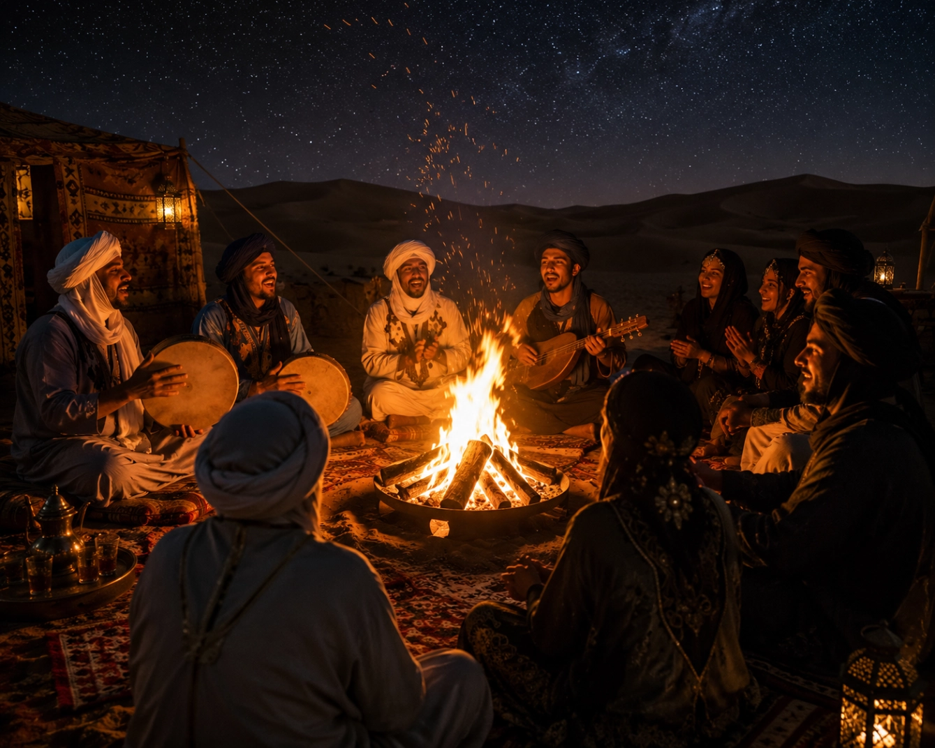 Bonfire and Berber music at a Sahara desert camp near M'hamid and Zagora, Morocco