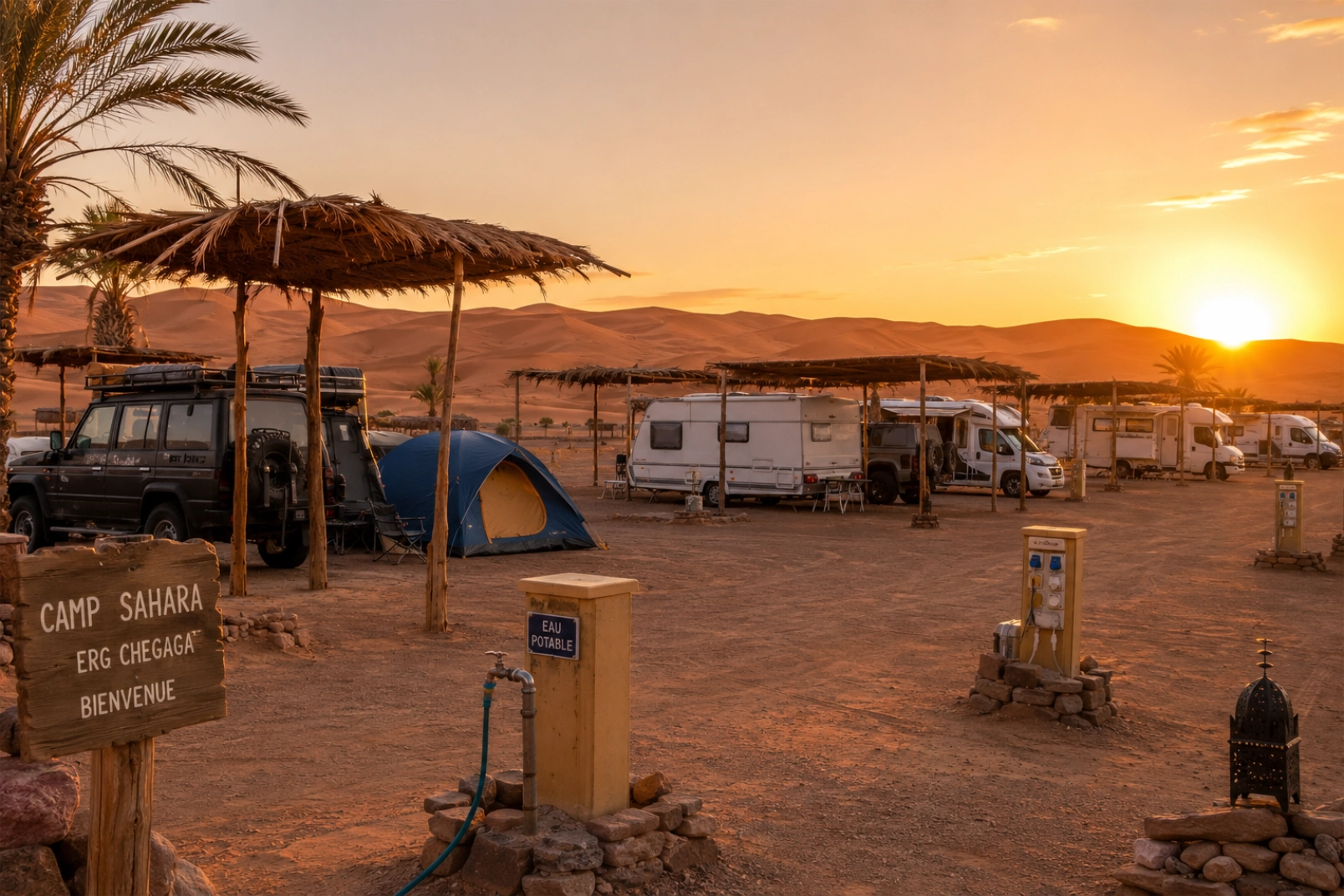 A spacious Saharan campsite at golden hour, with shaded pitches for tents, caravans, overlander vehicles and motorhomes arranged on firm sandy ground near desert dunes. Water taps and electricity hookups visible, palm-frond shade structures, warm sunset light, distant Erg Chegaga dunes on the horizon.