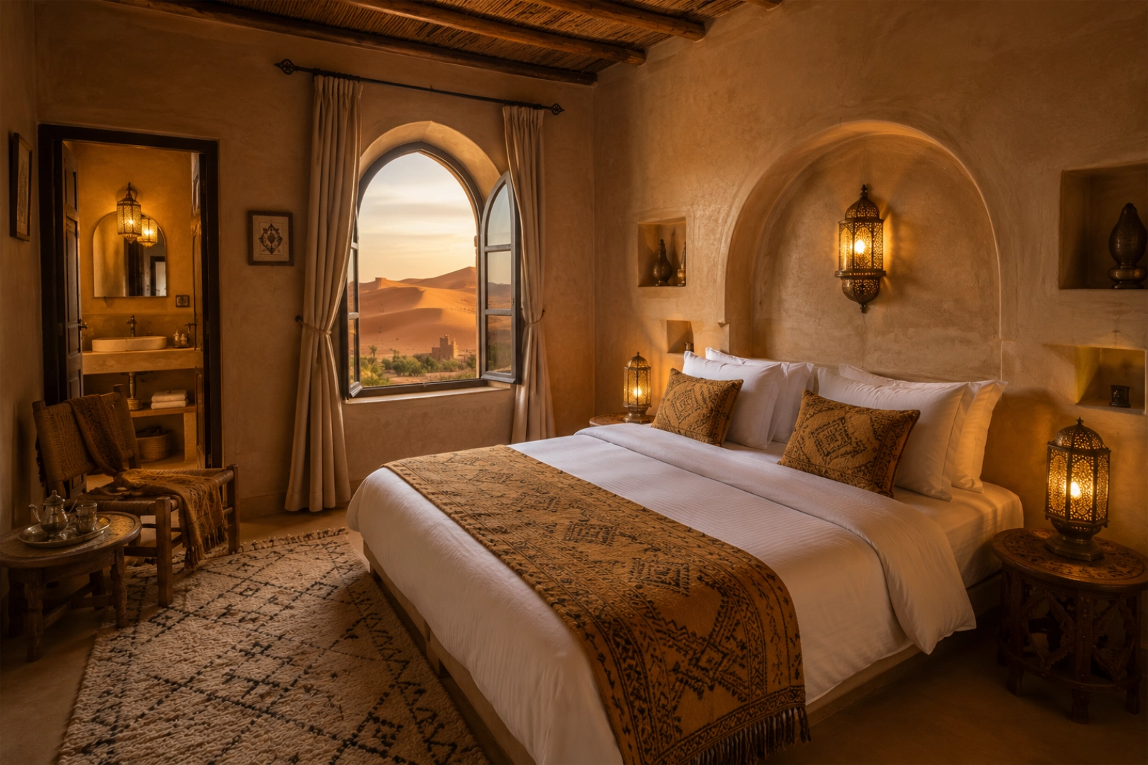 An elegant en-suite desert guest room in a Moroccan kasbah-style lodge, hand-plastered tadelakt walls, a low traditional bed with crisp white and ochre linens, woven Berber rug, brass lantern lighting, an arched window framing the desert dunes outside, warm cinematic interior light.