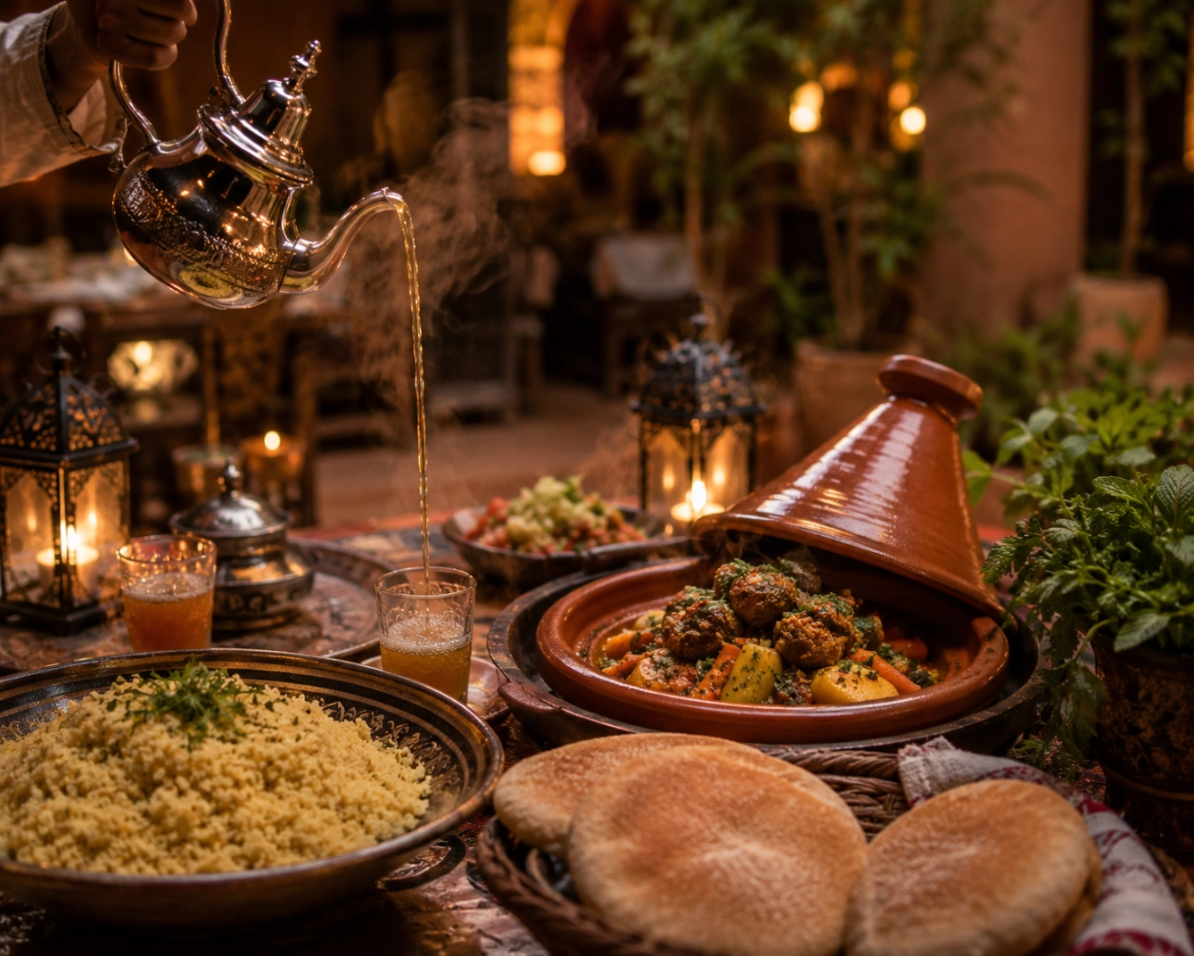 An authentic Moroccan meal served at a rustic desert restaurant table: a steaming clay tagine with vegetables and meat, a platter of fluffy couscous, fresh round khobz bread, mint tea poured from height into a glass, garden-fresh herbs, warm ambient lantern light, cozy earthy setting.