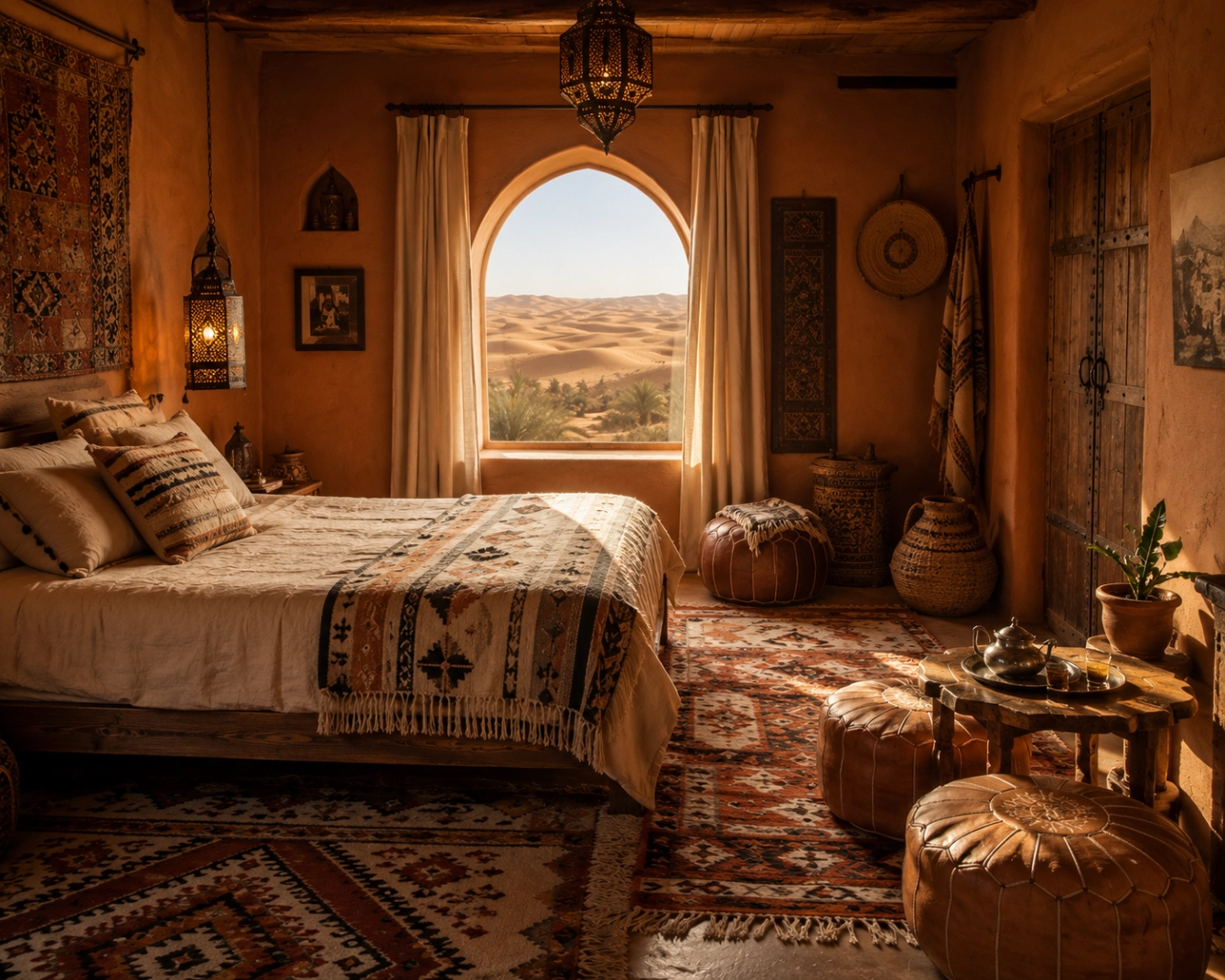 A cozy desert guest room with earthy terracotta and sand-toned walls, handwoven Berber rugs layered on the floor, a low wooden bed dressed in natural linen and patterned wool throws, woven baskets and leather poufs, a hanging lantern, free-spirited bohemian style, an arched window framing the dunes, warm afternoon light.