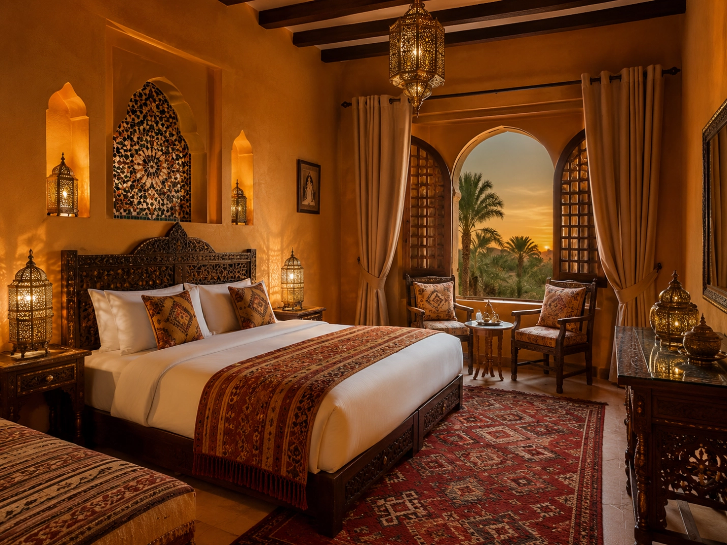 An elegant signature desert suite with refined Moroccan details, rich ochre and warm honey tones, hand-carved wooden furniture, an ornate brass lantern, luxurious layered textiles and a plush bed, a decorative tiled accent, an arched window overlooking a palm oasis, sophisticated and inviting, warm golden interior light.