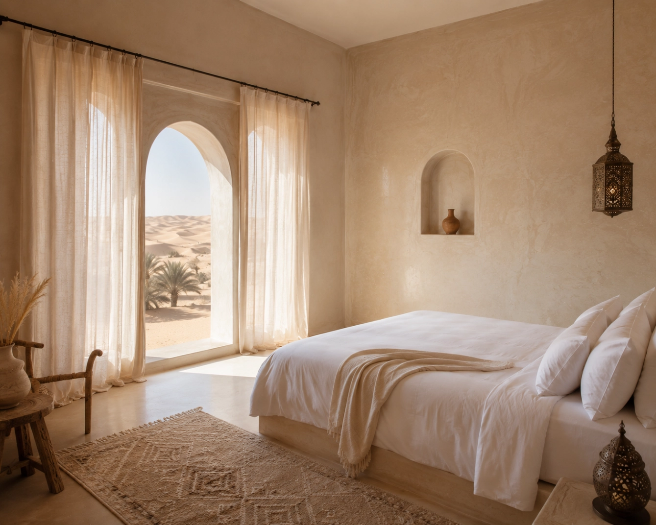 A serene, minimalist desert guest room in calm neutral and soft cream tones, smooth tadelakt plaster walls, a simple low bed with crisp white linens, sheer curtains gently lit by daylight, a single arched alcove with a small clay vase, uncluttered timeless atmosphere, soft diffused morning light evoking stillness and calm.