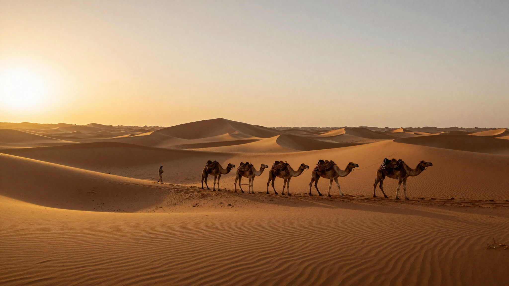 Camel trekking at sunset